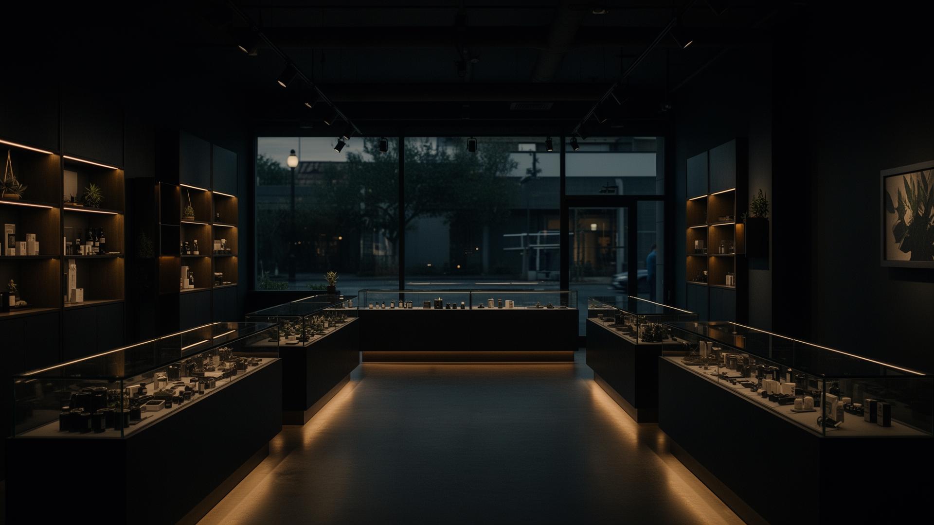 Dimly lit dispensary interior at dusk